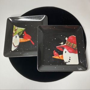 Evergreen Earthaware Snowman Serving plates EcoBamboo Set of 2 NEW